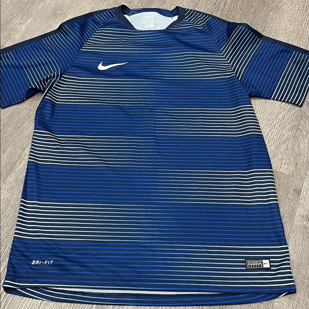 Nike Navy and White Striped Athletic Shirt